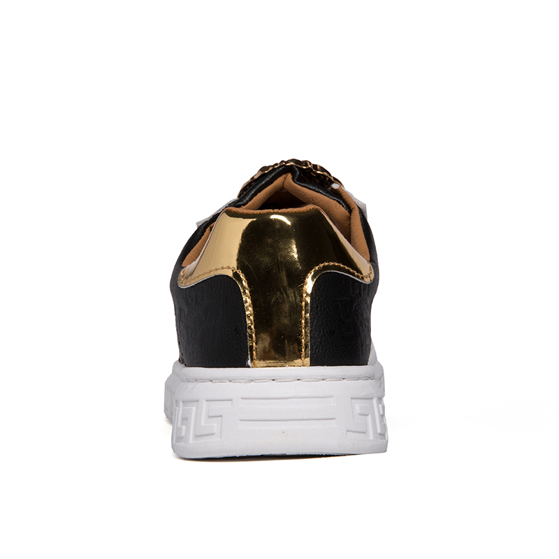 Fashion Mens Sneakers PU Leather Embossing Design Black Gold Metal Low Cut Casual Shoes