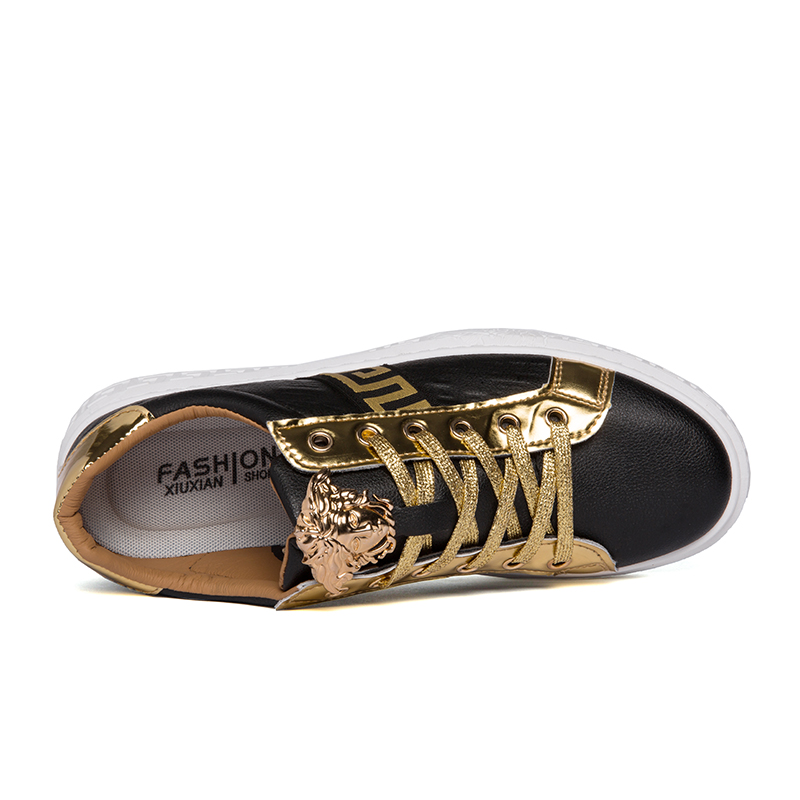 Fashion Mens Sneakers PU Leather Embossing Design Black Gold Metal Low Cut Casual Shoes