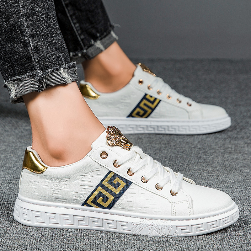 Fashion Mens Sneakers PU Leather Embossing Design Black Gold Metal Low Cut Casual Shoes
