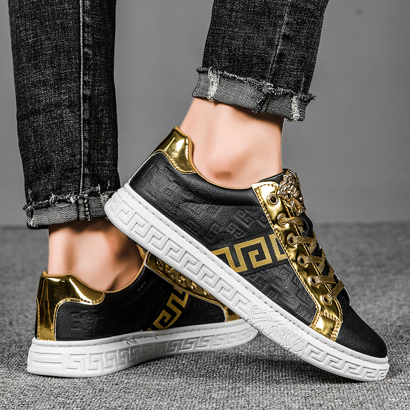 Fashion Mens Sneakers PU Leather Embossing Design Black Gold Metal Low Cut Casual Shoes