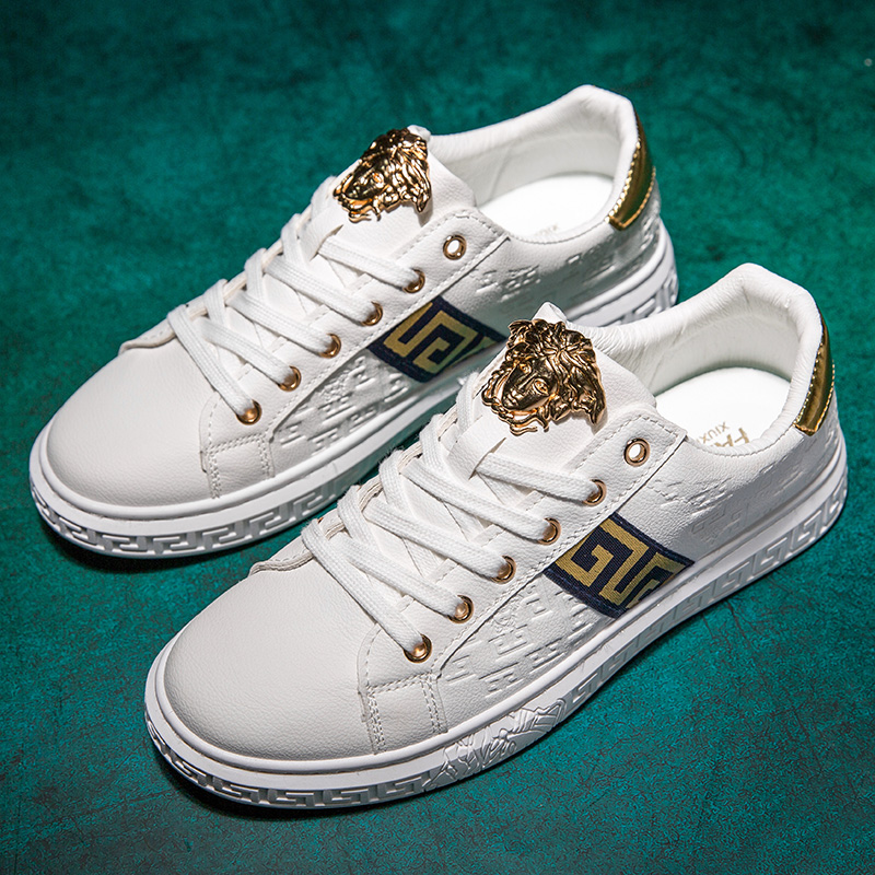 Fashion Mens Sneakers PU Leather Embossing Design Black Gold Metal Low Cut Casual Shoes