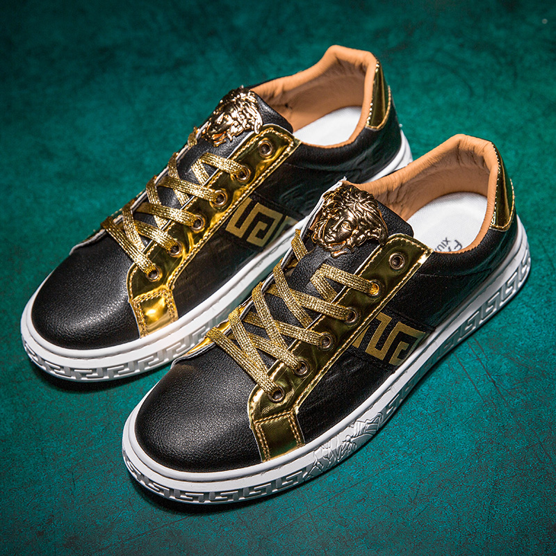 Fashion Mens Sneakers PU Leather Embossing Design Black Gold Metal Low Cut Casual Shoes