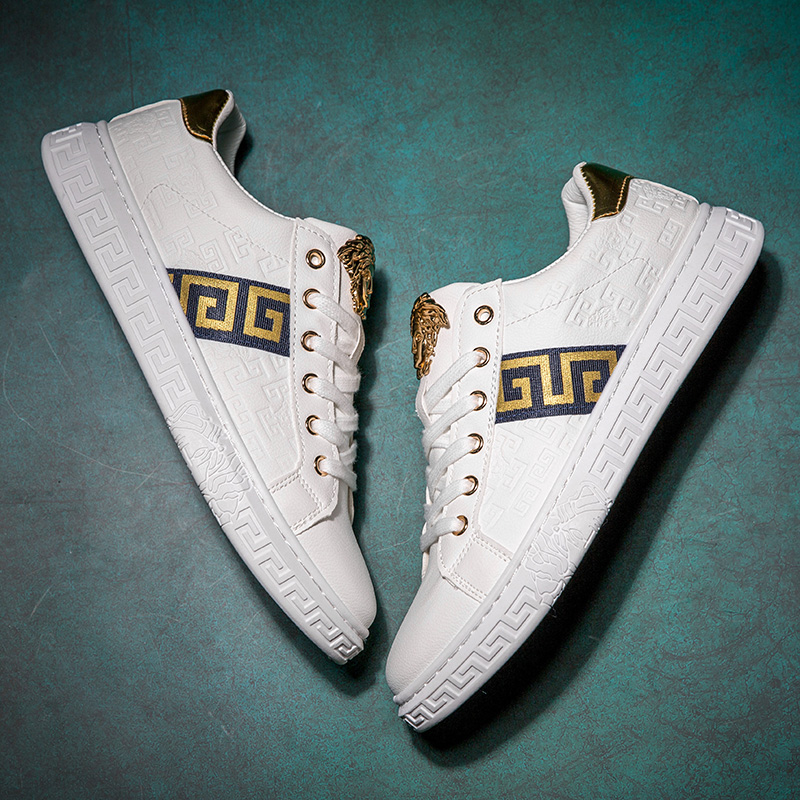 Fashion Mens Sneakers PU Leather Embossing Design Black Gold Metal Low Cut Casual Shoes