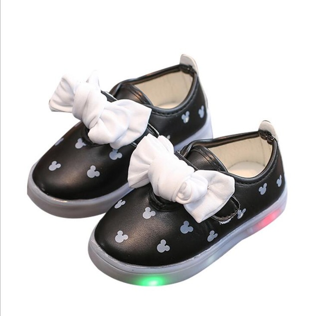LED Light Kids Baby Infant Girls Bowknot Luminous Shoes Sneakers Casual Wear Slip On Leather Shoes