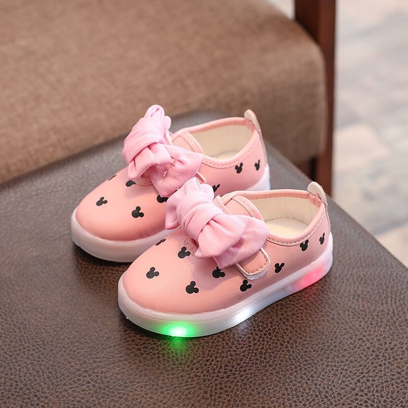 LED Light Kids Baby Infant Girls Bowknot Luminous Shoes Sneakers Casual Wear Slip On Leather Shoes