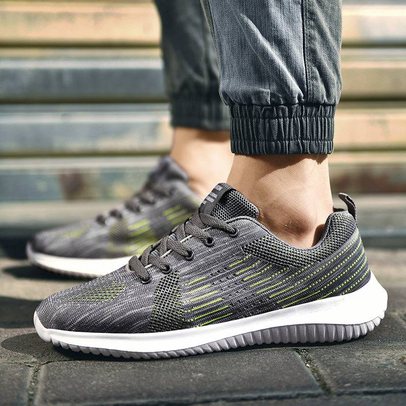 Men's Fashion Flyknit Running Sneakers Breathable Light Sport Shoes Plus Size Lace-Up Jogging Shoes