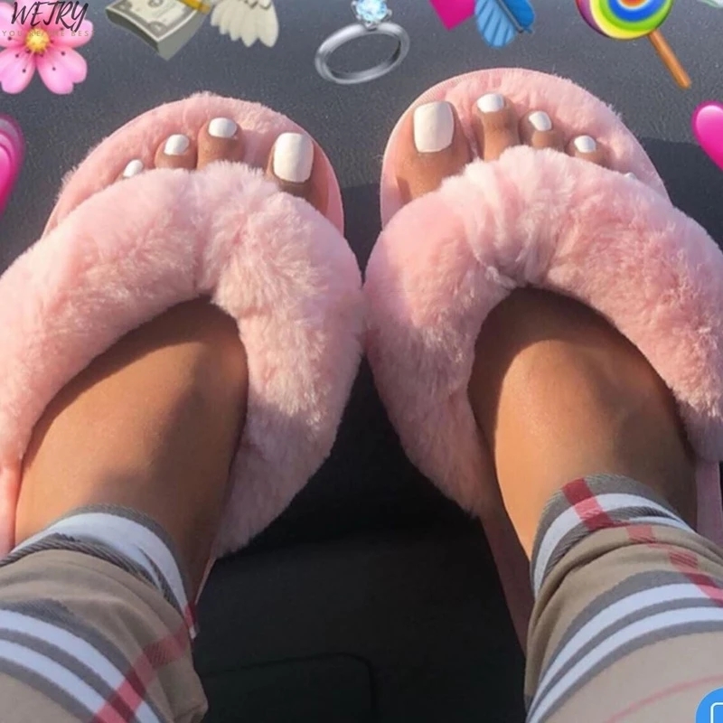Women Sexy Faux Fur Flip Flops Warm Fluffy Slippers Indoor Outdoor Flat Shoes Soft Furry Shoes