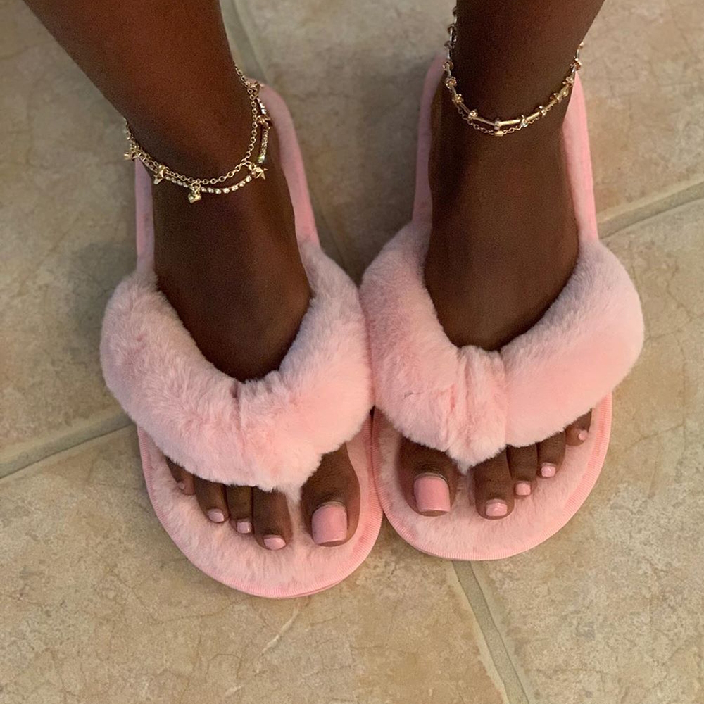 Women Sexy Faux Fur Flip Flops Warm Fluffy Slippers Indoor Outdoor Flat Shoes Soft Furry Shoes