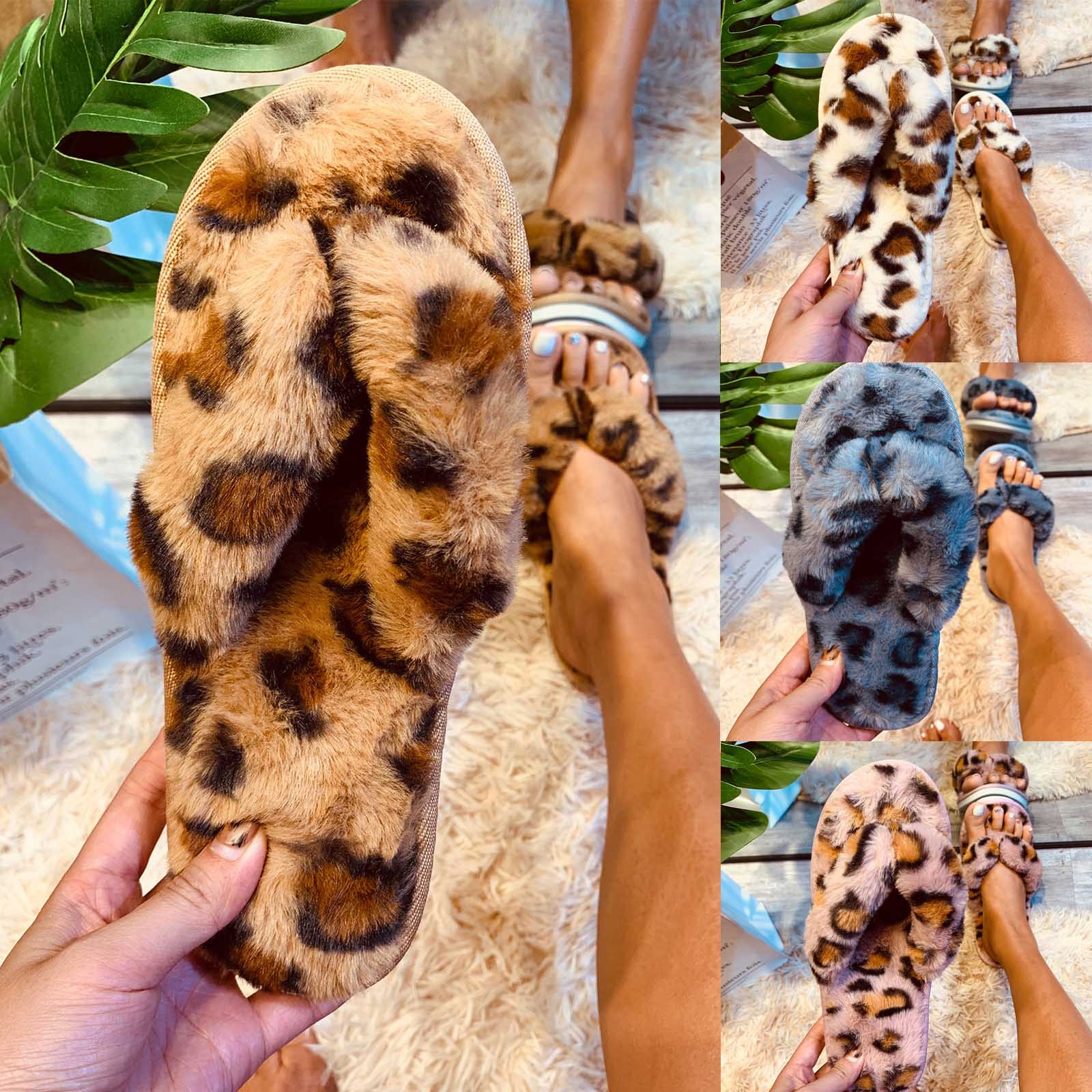 Women Sexy Faux Fur Flip Flops Warm Fluffy Slippers Indoor Outdoor Flat Shoes Soft Furry Shoes