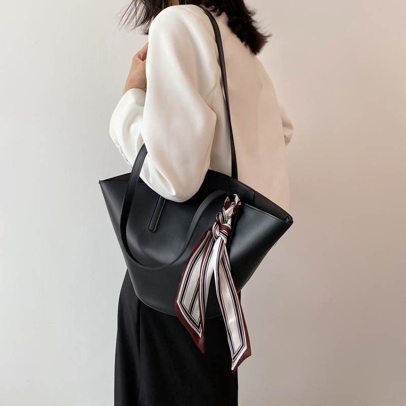 Large capacity female bag 2021 new silk scarf simple fashion  shoulder bag PU bucket 2 set bag Handbags