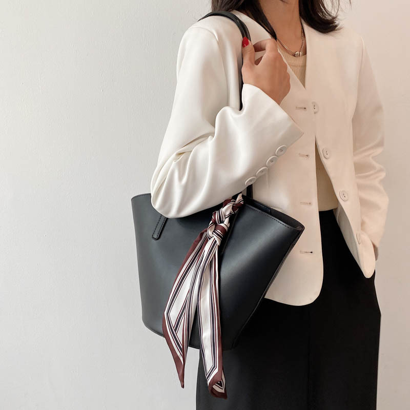 Large capacity female bag 2021 new silk scarf simple fashion  shoulder bag PU bucket 2 set bag Handbags