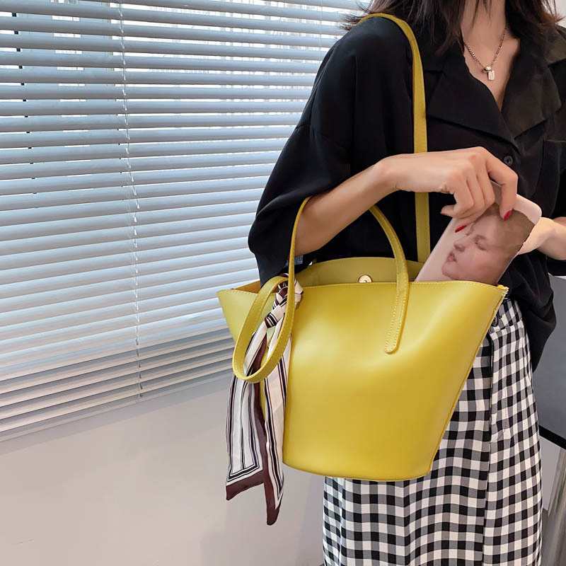 Large capacity female bag 2021 new silk scarf simple fashion  shoulder bag PU bucket 2 set bag Handbags