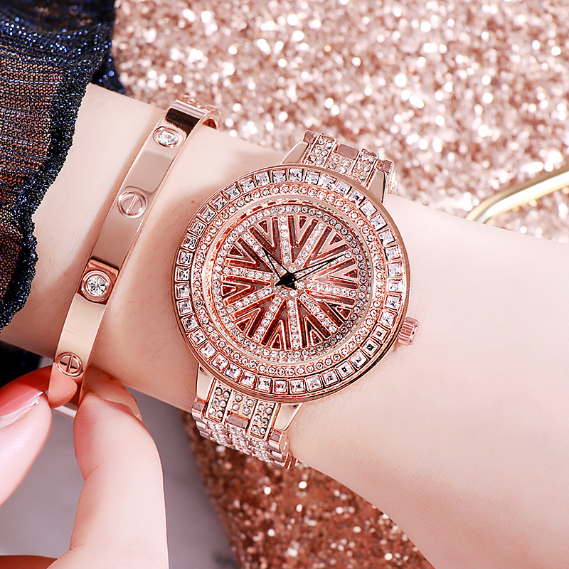 Hot Style Women Full Diamond Fashion Creative Quartz Ladies Watch  Rose Gold Middle