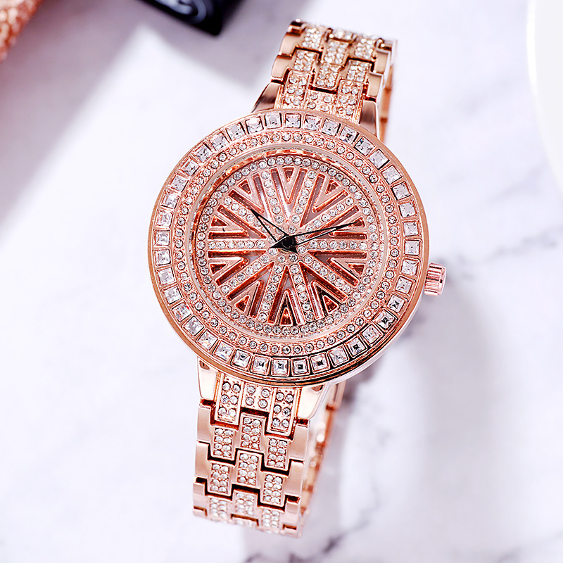Hot Style Women Full Diamond Fashion Creative Quartz Ladies Watch  Rose Gold Middle