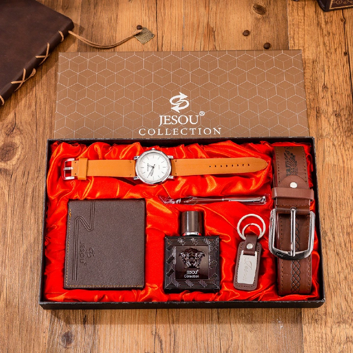 Men's Boutique Gift Set Belt + Wallet + Perfume + Keychain + Large Dial Quartz Watch + Pen