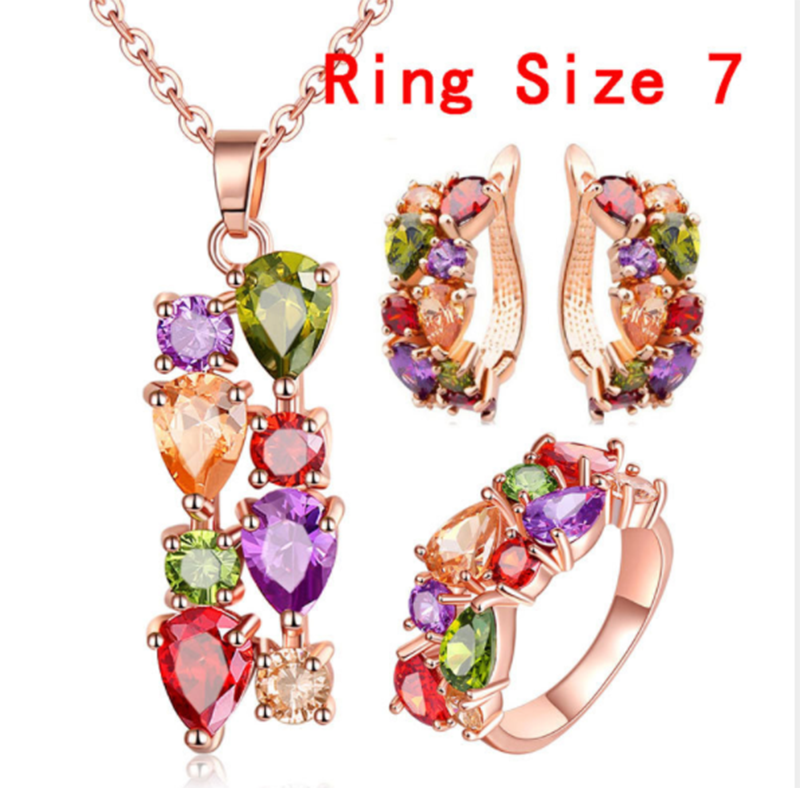 Mona Lisa Colorful Shiny Zircon Hypoallergenic Necklace Earrings Ring Set