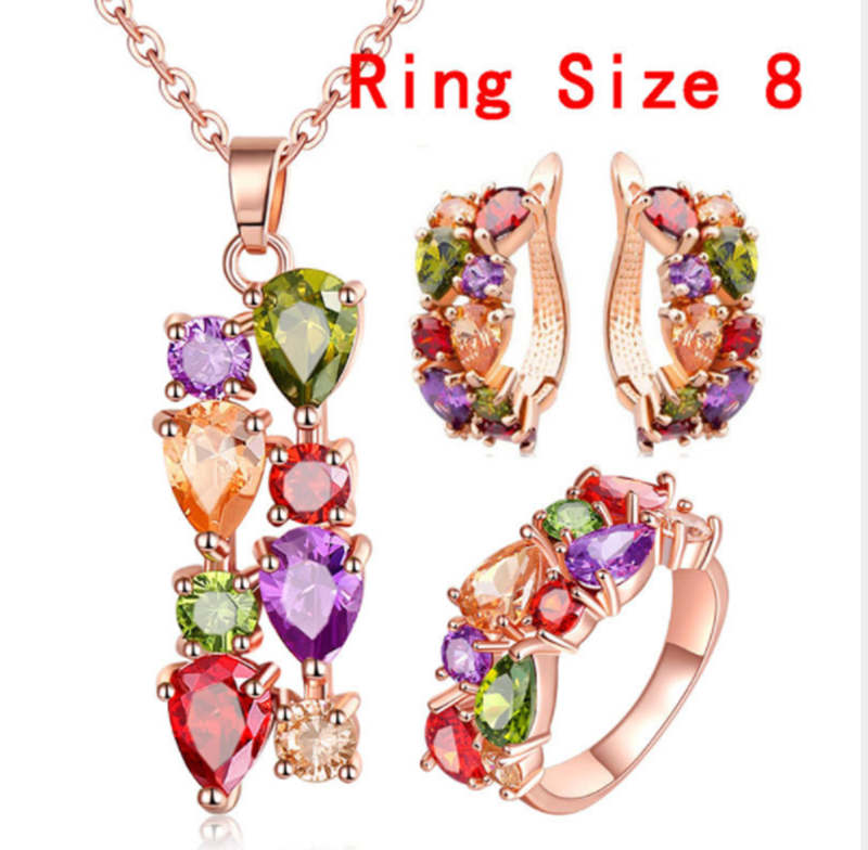 Mona Lisa Colorful Shiny Zircon Hypoallergenic Necklace Earrings Ring Set