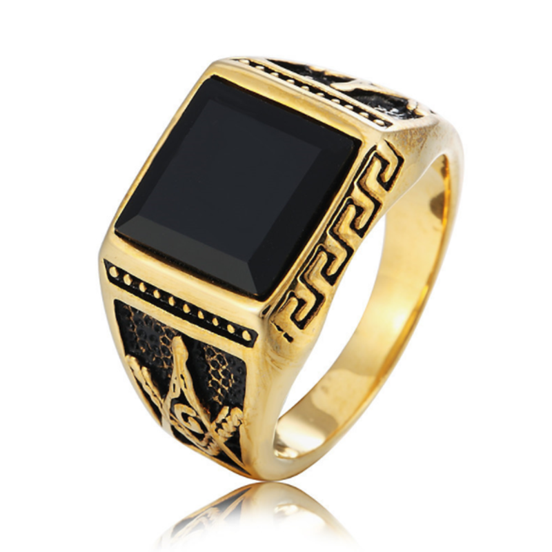 European and American pop punk goth retro black agate gem men&apos;s titanium steel ring