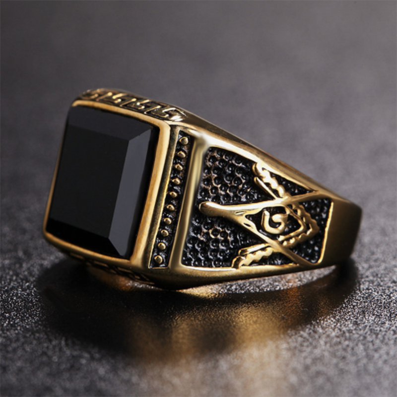 European and American pop punk goth retro black agate gem men&apos;s titanium steel ring