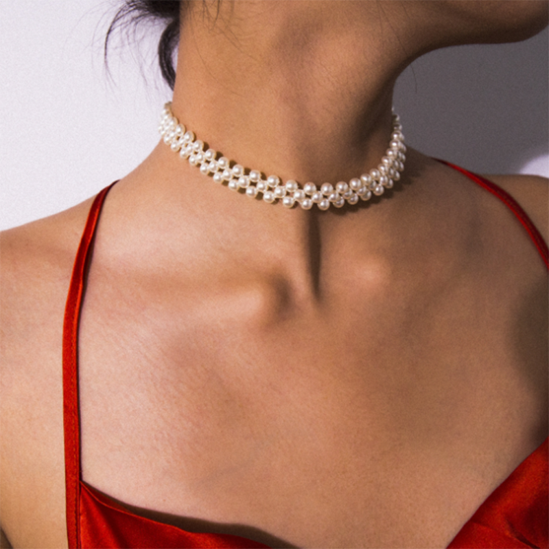 Fashion street shoot temperament handmade geometric imitation pearl short necklace