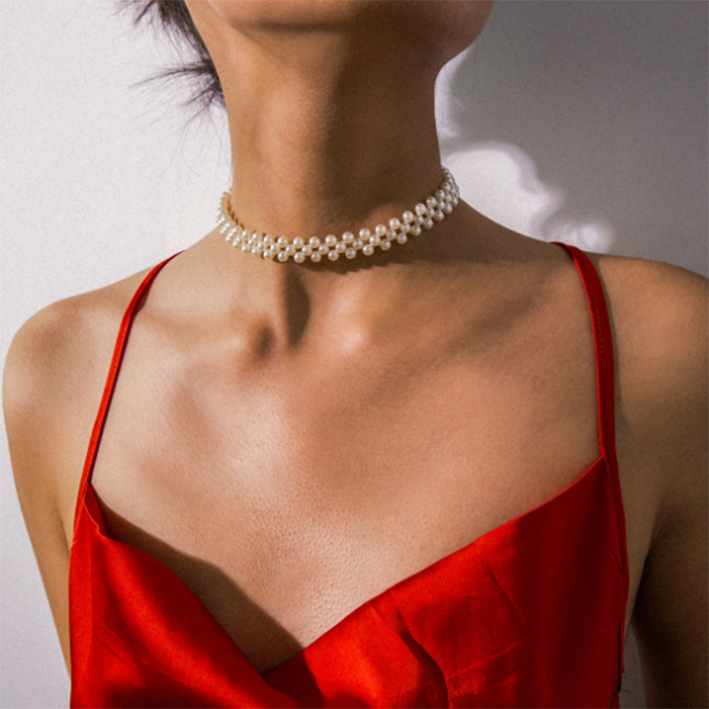 Fashion street shoot temperament handmade geometric imitation pearl short necklace