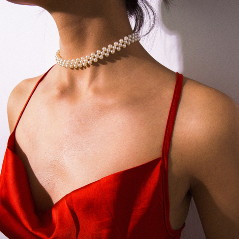 Fashion street shoot temperament handmade geometric imitation pearl short necklace