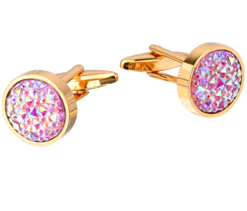 Men&apos;s French Shirt Round Inlaid Shiny Colorful Satellite Stone Cufflinks