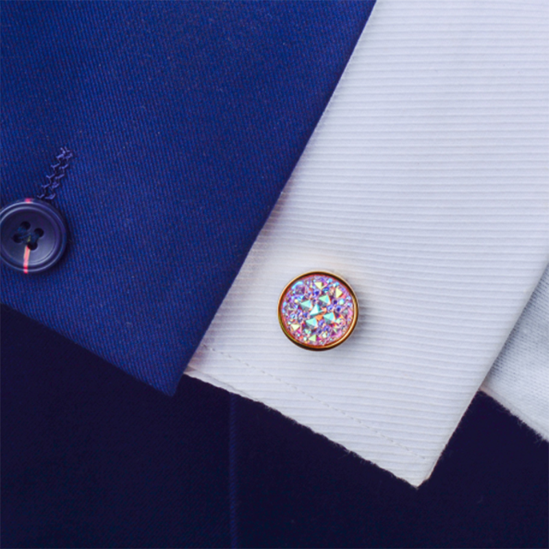Men&apos;s French Shirt Round Inlaid Shiny Colorful Satellite Stone Cufflinks