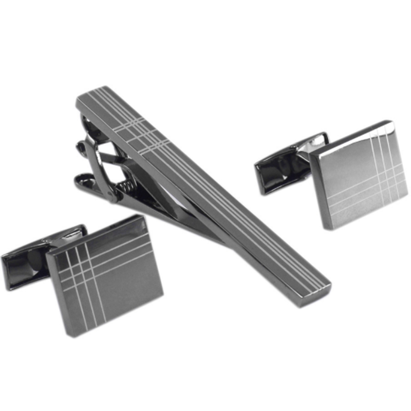Rectangular Gun Black Laser Stripe Men&apos;s French Shirt Tie Clip Cufflinks