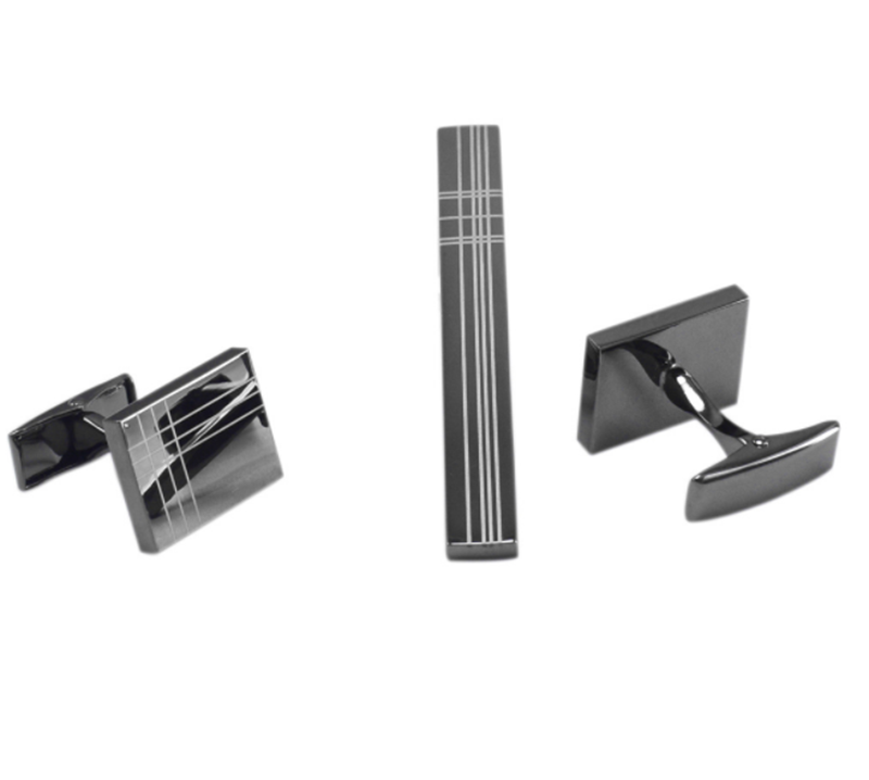 Rectangular Gun Black Laser Stripe Men&apos;s French Shirt Tie Clip Cufflinks