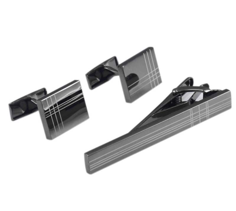 Rectangular Gun Black Laser Stripe Men&apos;s French Shirt Tie Clip Cufflinks