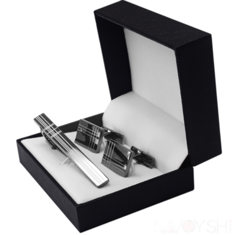 Rectangular Gun Black Laser Stripe Men&apos;s French Shirt Tie Clip Cufflinks