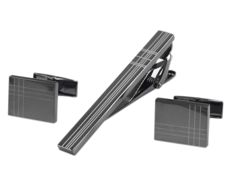 Rectangular Gun Black Laser Stripe Men&apos;s French Shirt Tie Clip Cufflinks