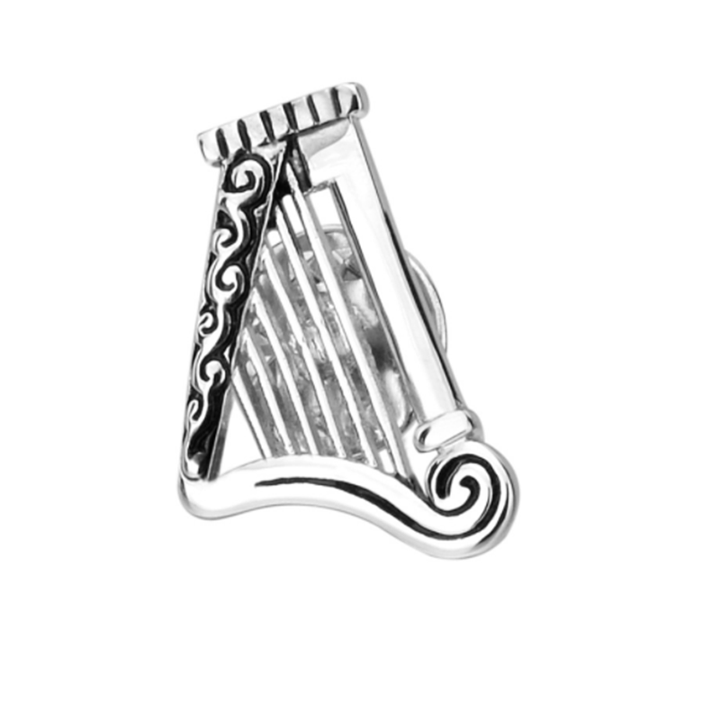 Delicate silver glossy harp musical instrument brooch