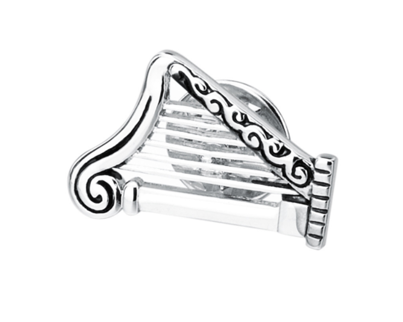 Delicate silver glossy harp musical instrument brooch