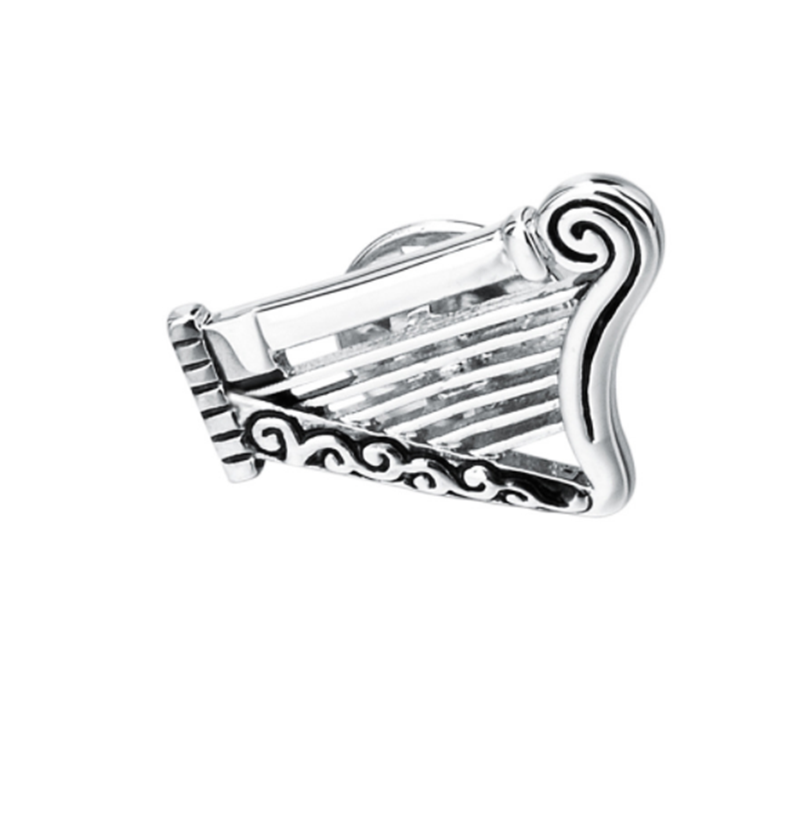 Delicate silver glossy harp musical instrument brooch