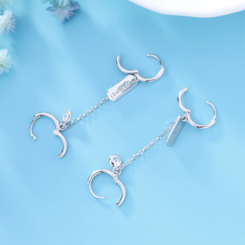 S925 Japanese and Korean style double letter alphabet round zircon tassel earrings
