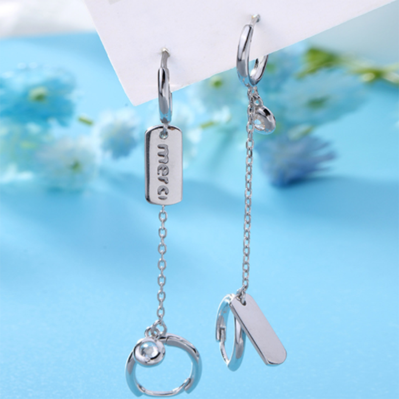 S925 Japanese and Korean style double letter alphabet round zircon tassel earrings
