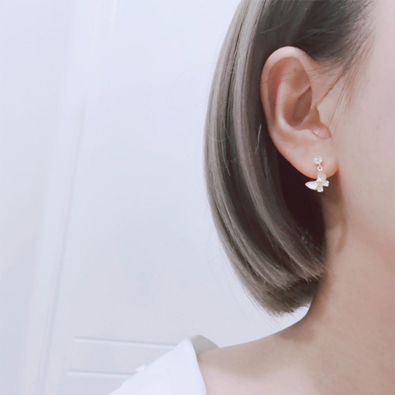 S925 Sterling Silver Natural Fresh Small Butterfly Shell Zircon Stud Earrings