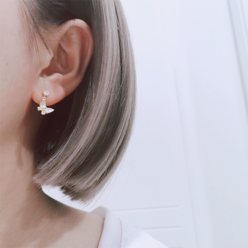 S925 Sterling Silver Natural Fresh Small Butterfly Shell Zircon Stud Earrings