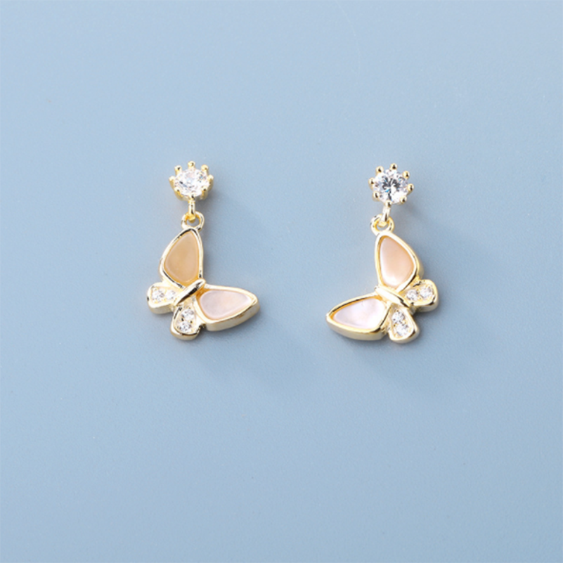 S925 Sterling Silver Natural Fresh Small Butterfly Shell Zircon Stud Earrings
