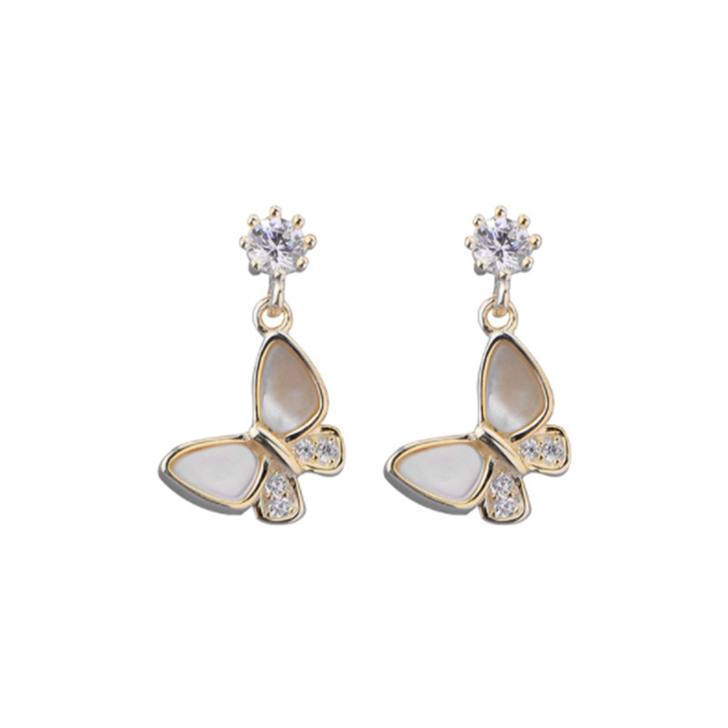S925 Sterling Silver Natural Fresh Small Butterfly Shell Zircon Stud Earrings