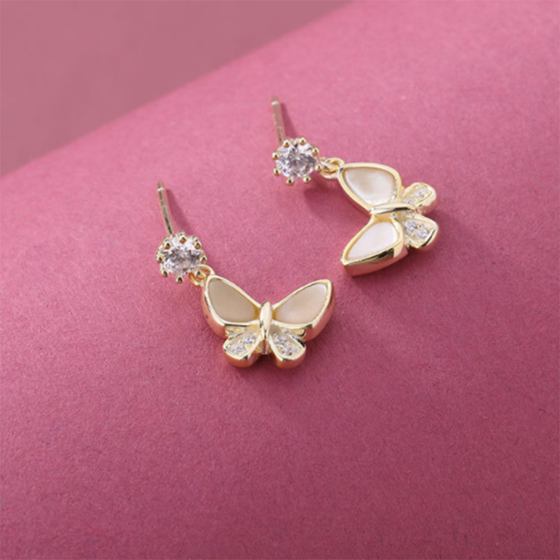 S925 Sterling Silver Natural Fresh Small Butterfly Shell Zircon Stud Earrings