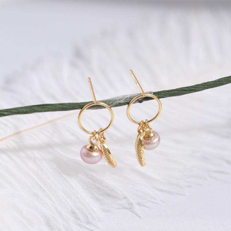 S925 Sterling Silver Gold Leaf Hanging Pearl Circle Earrings