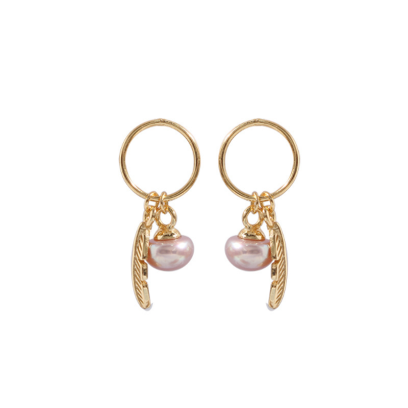 S925 Sterling Silver Gold Leaf Hanging Pearl Circle Earrings