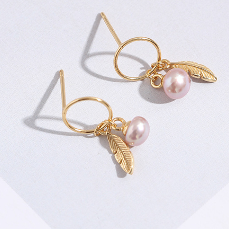 S925 Sterling Silver Gold Leaf Hanging Pearl Circle Earrings