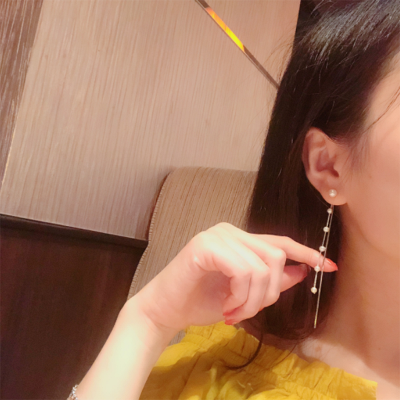 Korean thin chain exaggerated tassel s925 sterling silver pearl long earrings