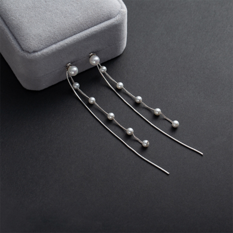 Korean thin chain exaggerated tassel s925 sterling silver pearl long earrings