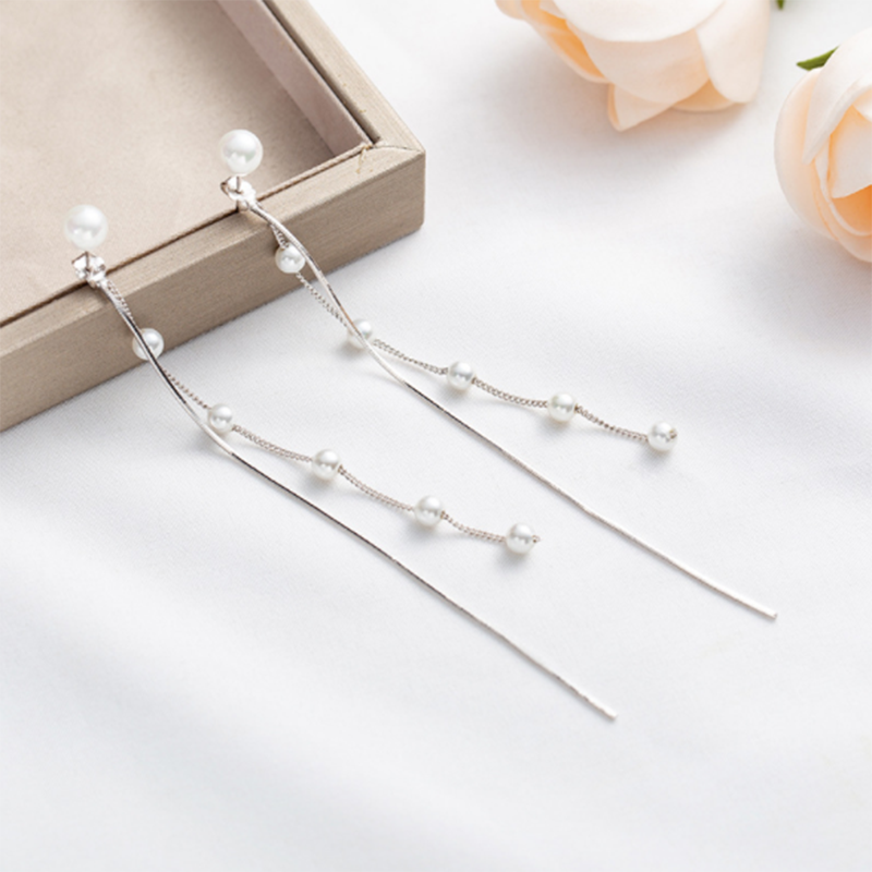 Korean thin chain exaggerated tassel s925 sterling silver pearl long earrings