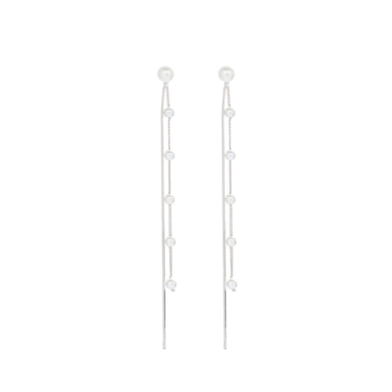 Korean thin chain exaggerated tassel s925 sterling silver pearl long earrings